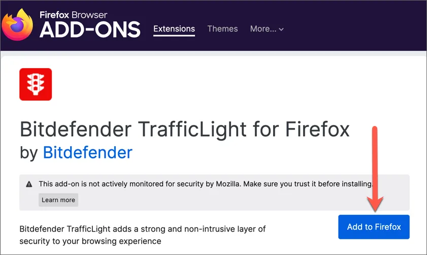 Firefox Add-ons Galerie-Seite für TrafficLight mit dem Button &quot;Zu Firefox hinzufügen&quot;