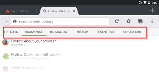 Firefox-Startbildschirm auf Android-Tablets mit Zugriff auf Lesezeichen, Verlauf und Top-Websites