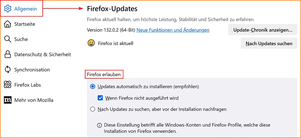 Firefox Update-Einstellungen im Bereich Allgemein