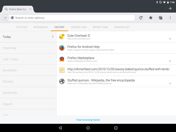 Firefox-Verlauf auf einem Android-Tablet, nach Monaten und Tagen organisiert, in der Queransicht