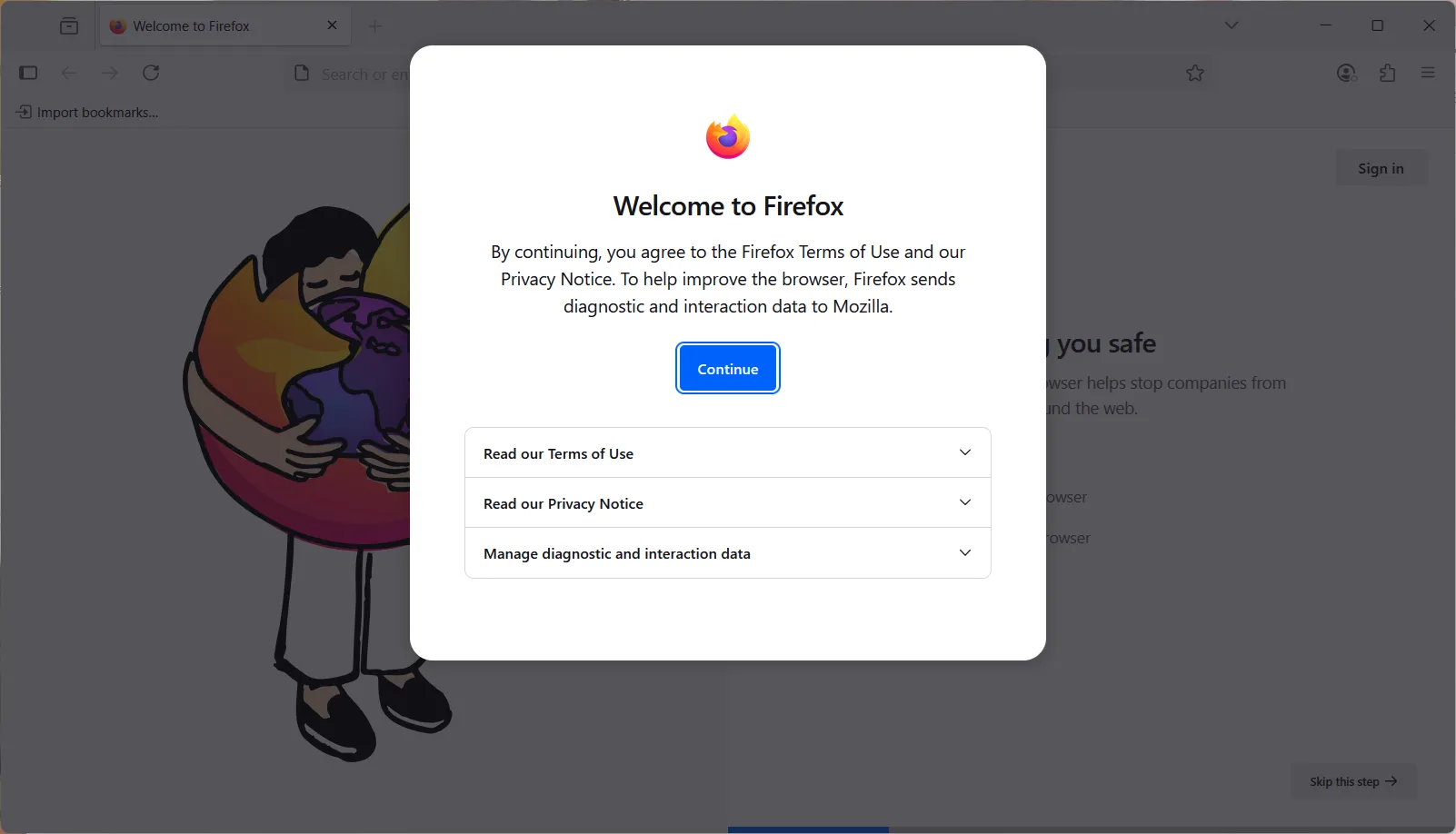 Firefox Willkommensseite nach der Installation