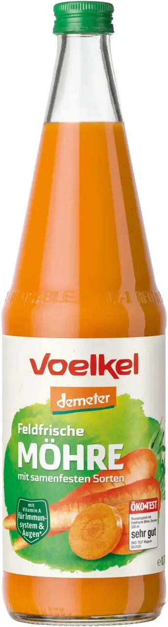 Flasche Bio Möhrensaft aus samenfesten Gemüsesorten, frisch geerntet aus deutscher Landwirtschaft
