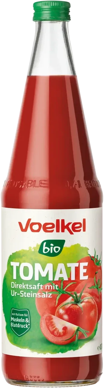 Flasche Bio-Tomatensaft mit Ur-Steinsalz, ein Beispiel für hochwertige Produkte beim Tomatensaft Kauf