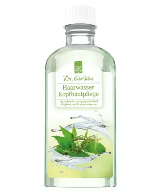 Flasche Dr. Ehrlichs Haarwasser Kopfhautpflege 100 ml mit grünem Etikett auf weißem Hintergrund, optimal für gesundes Haarwachstum