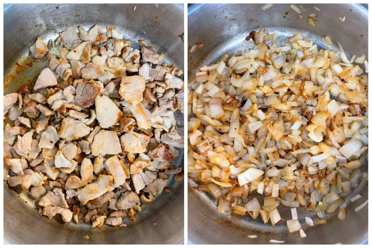 Fleisch und Zwiebeln anbraten für Geschnetzeltes