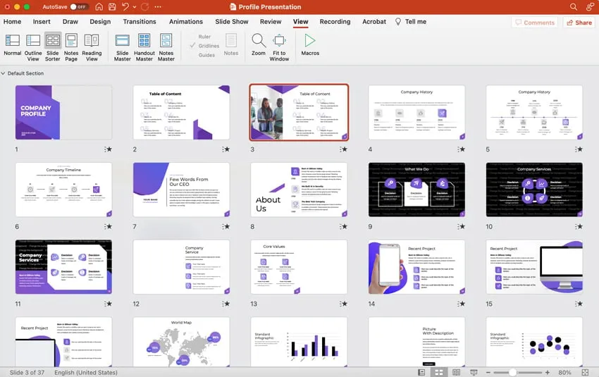 Foliensortieransicht in PowerPoint Desktop, ideal zum Neuordnen von Folien