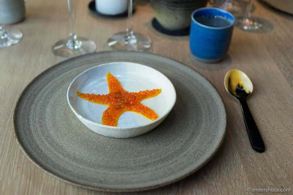 Forellenrogen mit gepökeltem Eigelb, Seetang und geräuchertem Forellen-Dashi