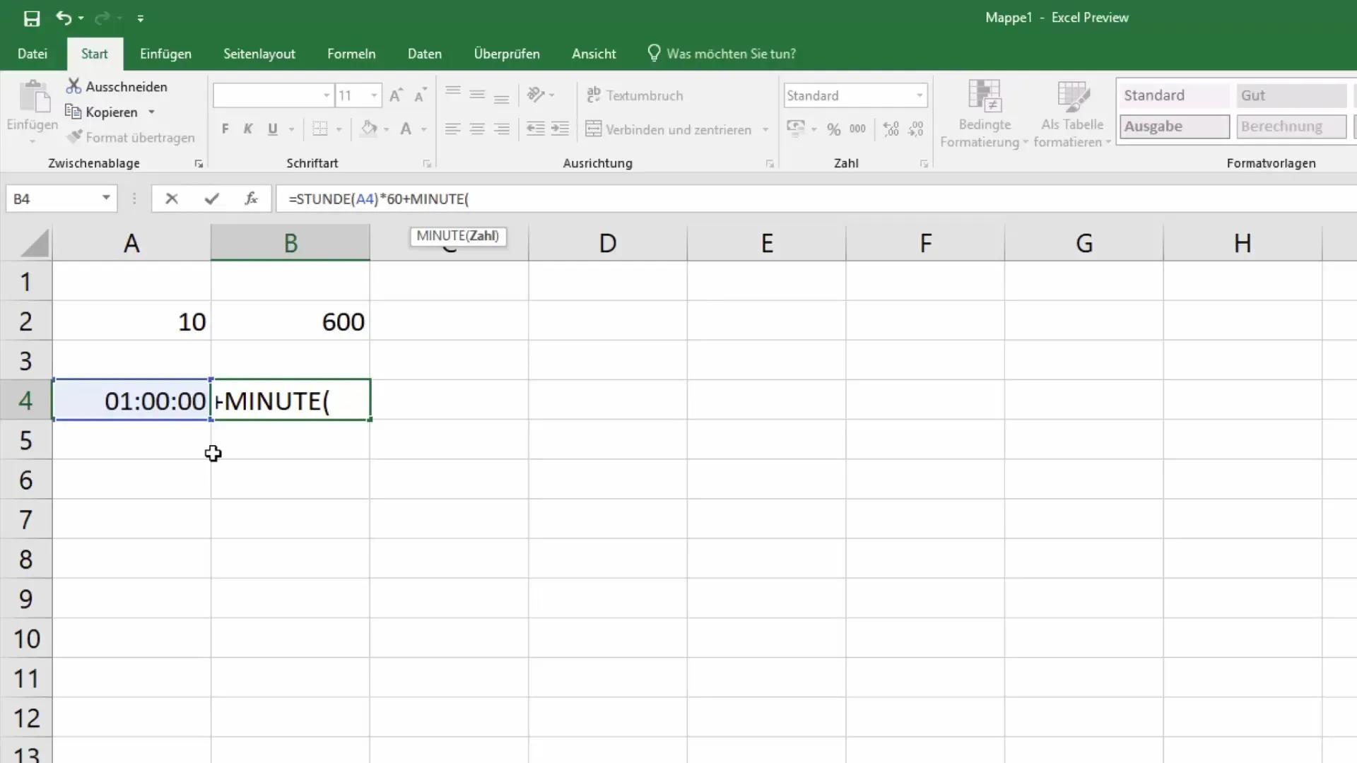 Formel für Stunden- und Minutenextraktion in Excel