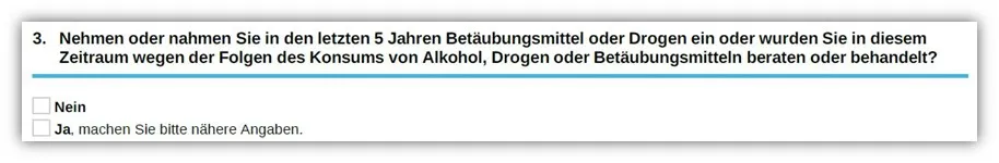 Fragebogen der Hannoverschen Risikolebensversicherung zur Drogen- und Suchtmittelkonsum in den letzten fünf Jahren