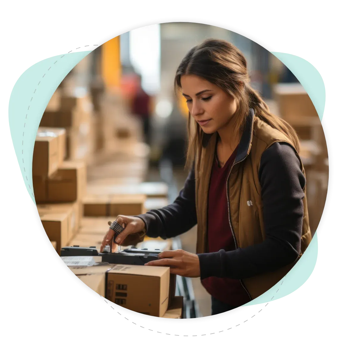 Frau packt Bestellungen für den Versand