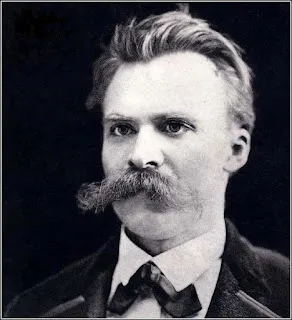 Friedrich Nietzsche, eine prägende Gestalt der deutschen Philosophie, vor einer Büchersammlung, die die Tiefe seiner Gedanken zur Kultur und Zivilisation symbolisiert.