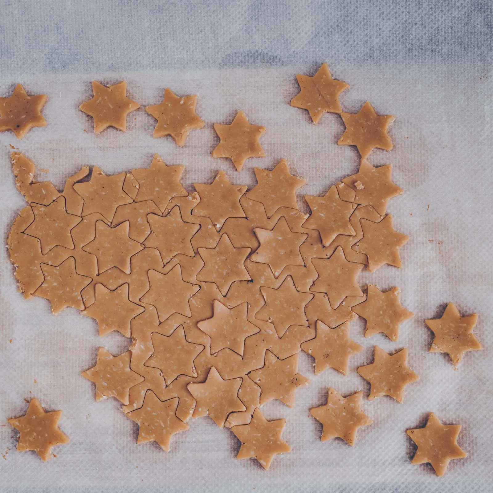 Frisch ausgestochene Kokos-Schoggi-Sterne, auf einem Backblech ausgelegt und bereit zum Backen