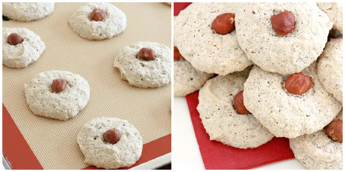 Frisch gebackene Haselnussmakronen mit ganzen Haselnüssen