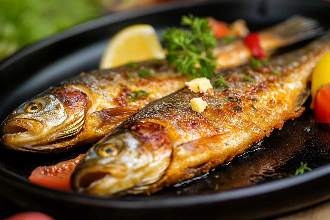 Frisch gebratene Forelle Müllerin Art auf einem Teller, garniert mit Zitronenscheiben und Petersilie