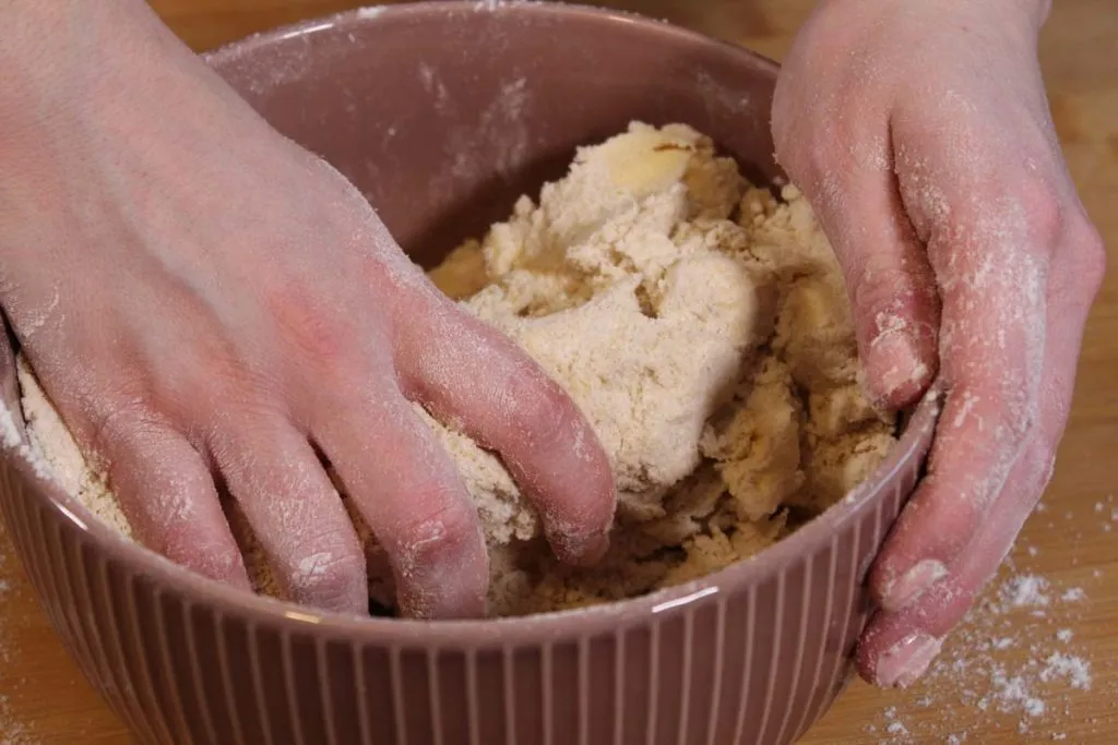 Frisch gekneteter Brotteig ohne Hefe in einer Schüssel, bereit zum Backen.