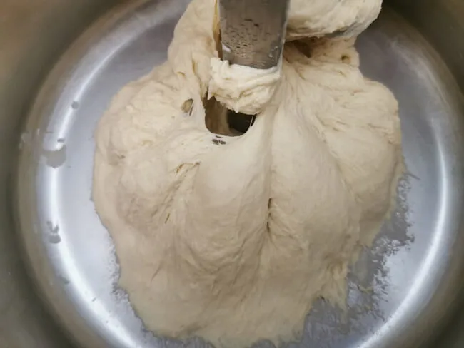 Frisch gekneteter, elastischer Teig für Panini All'Olio in einer Schüssel, bereit zur ersten Gärung