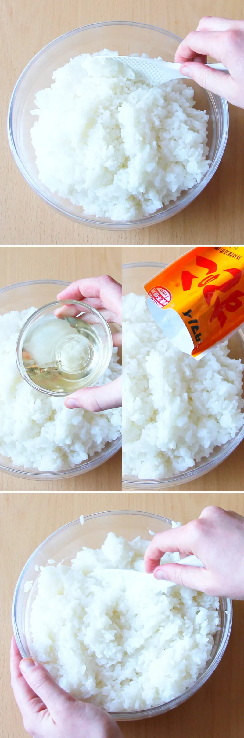 Frisch gekochter Sushi Reis wird in einer Holzschale mit Sushi Essig gewürzt und vorsichtig vermischt