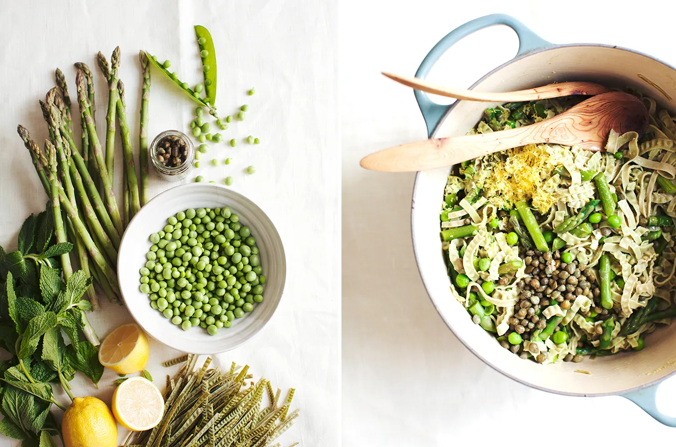 Frisch zubereitete One-Pot-Pasta mit grünem Spargel und Erbsen, angerichtet in einem tiefen Teller