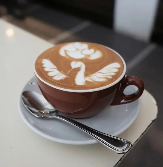 Frisch zubereiteter Cappuccino mit kunstvollem Latte Art Muster in einer Tasse, serviert neben einer modernen Siebträgermaschine, die den Genuss von Barista-Qualität zu Hause symbolisiert.