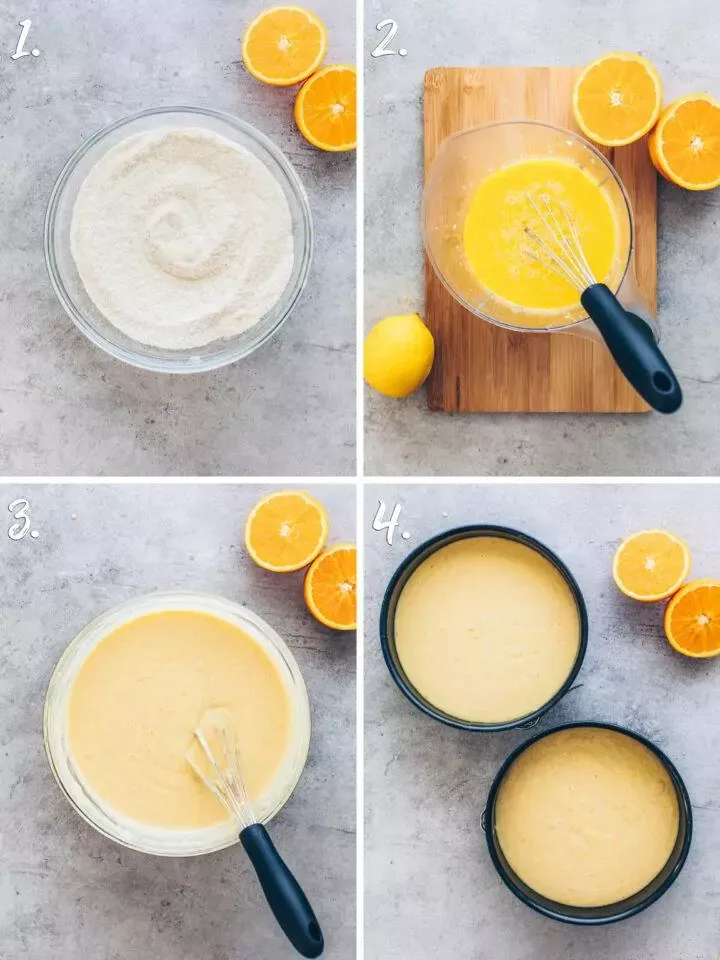 Frisch zubereiteter veganer Rührteig für die Mandelkuchenböden der Himbeer-Sahnetorte in Backformen.