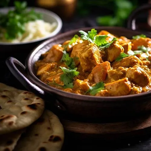 Frisch zubereitetes Chicken Korma in einer rustikalen Schale, reich garniert mit Koriander, serviert neben fluffigem Naanbrot und einer Schüssel Reis, perfekt beleuchtet, um die warmen Farben und Dampf hervorzuheben.