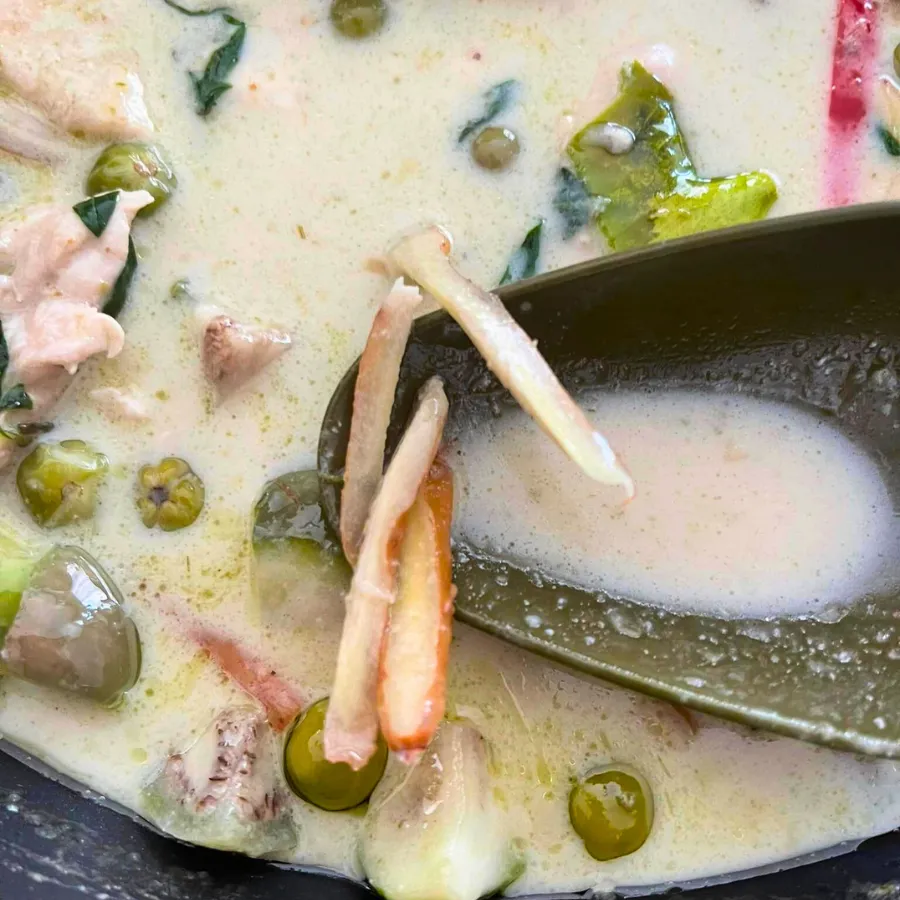 Frisch zubereitetes Grünes Thai Curry mit Huhn und Reis, servierfertig