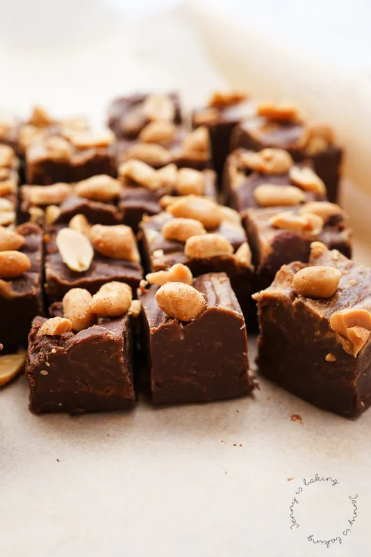 Frisch zubereitetes Schoko-Fudge mit Erdnussbutter-Swirl in einer breiten Pfanne