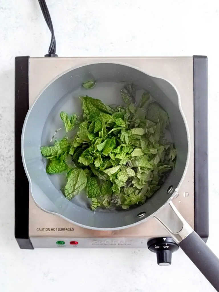 Frische Minzblätter werden in einen Topf mit Zucker, Wasser und Traubensaft gegeben.