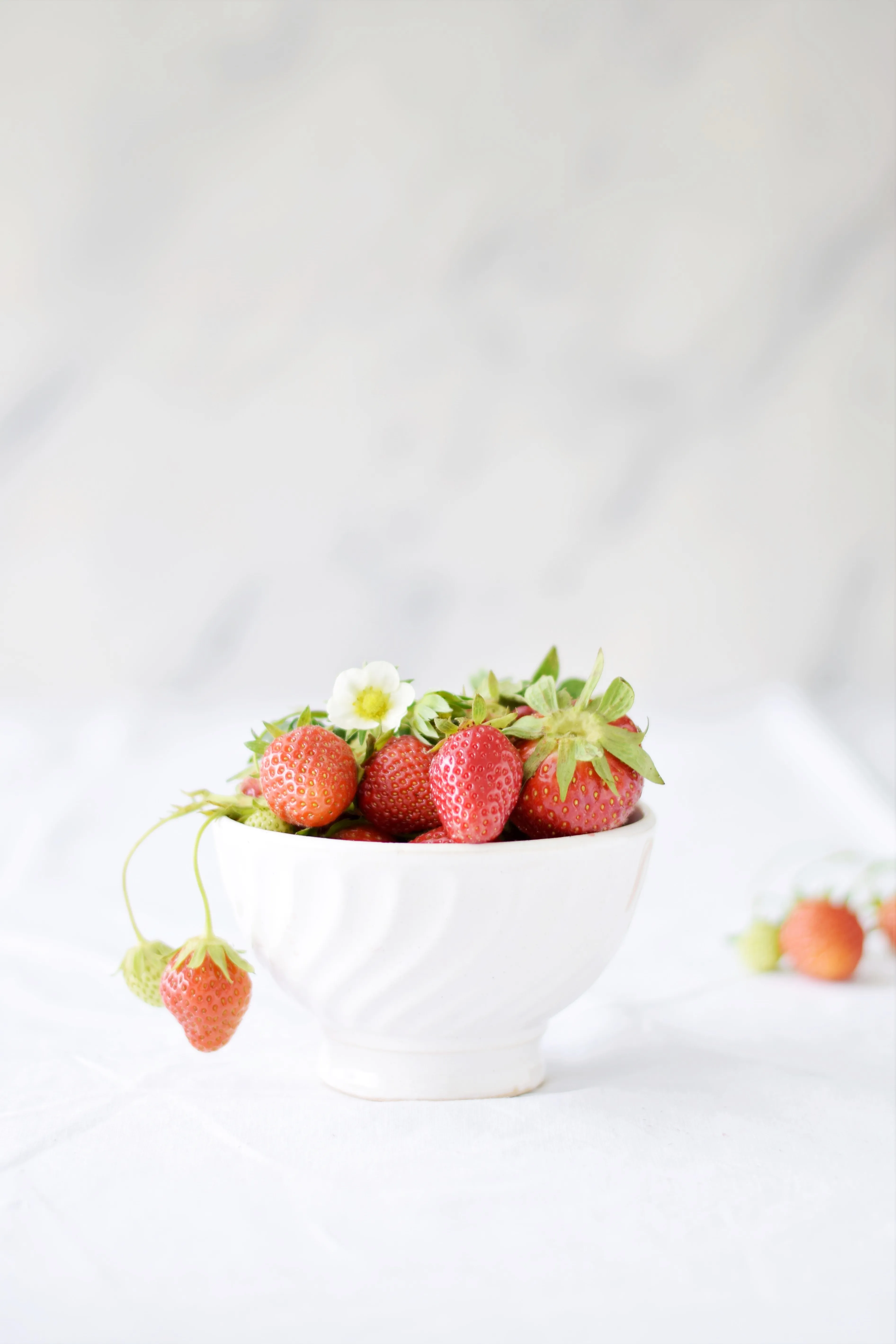 Frische, rote Erdbeeren in einer weißen Schüssel, bereit zur Dekoration des Kuchens mit wenig Zutaten.