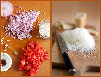 Frische Zutaten für ein Safran Risotto: Reis, Safranfäden, Kirschtomaten und Kräuter