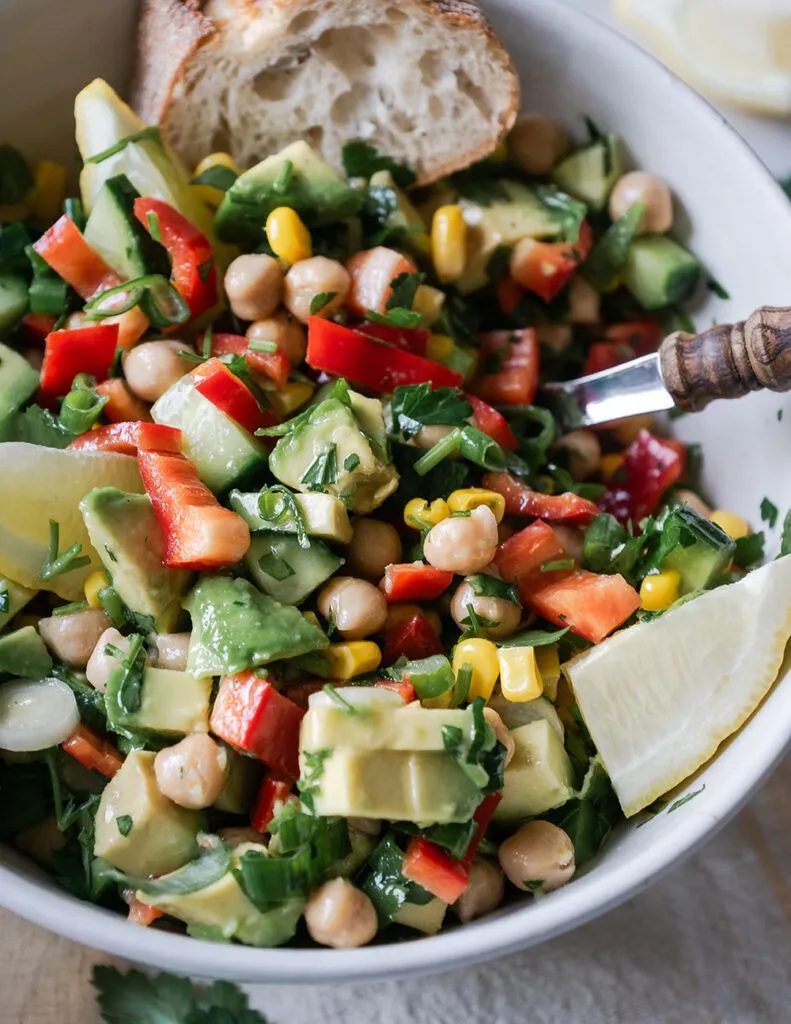 Frischer Kichererbsensalat mit Mais, Paprika und Avocado in einer Schüssel