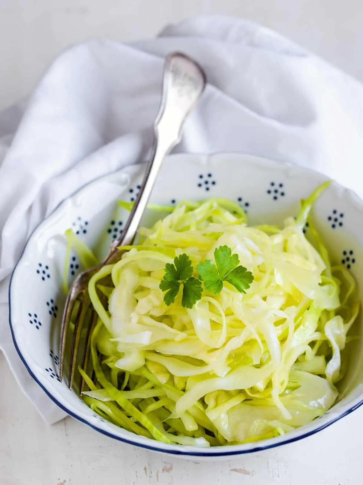 Frischer Krautsalat in einer Schüssel serviert, der mit Sonnenblumenöl und Essig angemacht wurde.