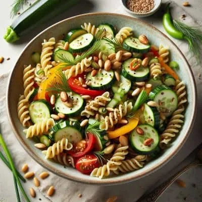Frischer mediterraner Nudelsalat mit bunten Zutaten