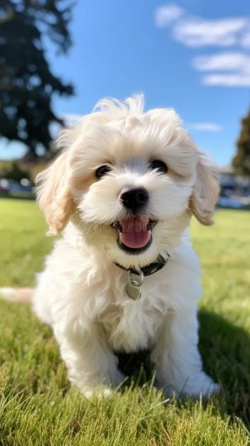 Fröhlicher Bollipoo Welpe läuft ausgelassen im grünen Gras eines Parks