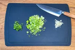 Frühlingszwiebeln und Knoblauch klein schnippeln.