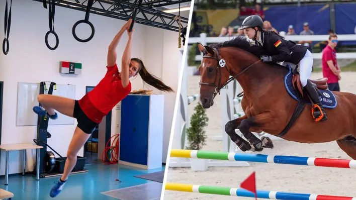 Fünfkämpferin Cicelle Leh beim Obstacle-Training und während Springreiten bei den European Games 2023 (Bild: rbb/Lynn Kraemer; Imago/Newspix | Collage: rbb)