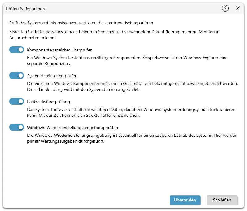 Funktion zur Systemwartung und Fehlerprüfung der Festplatte in O&amp;O Defrag
