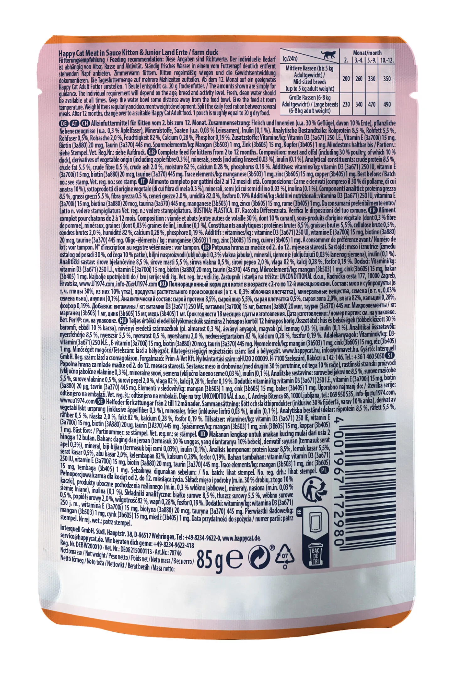 Fütterungsempfehlung für Katzen Kitten auf Happy Cat Nassfutter Packungsrückseite