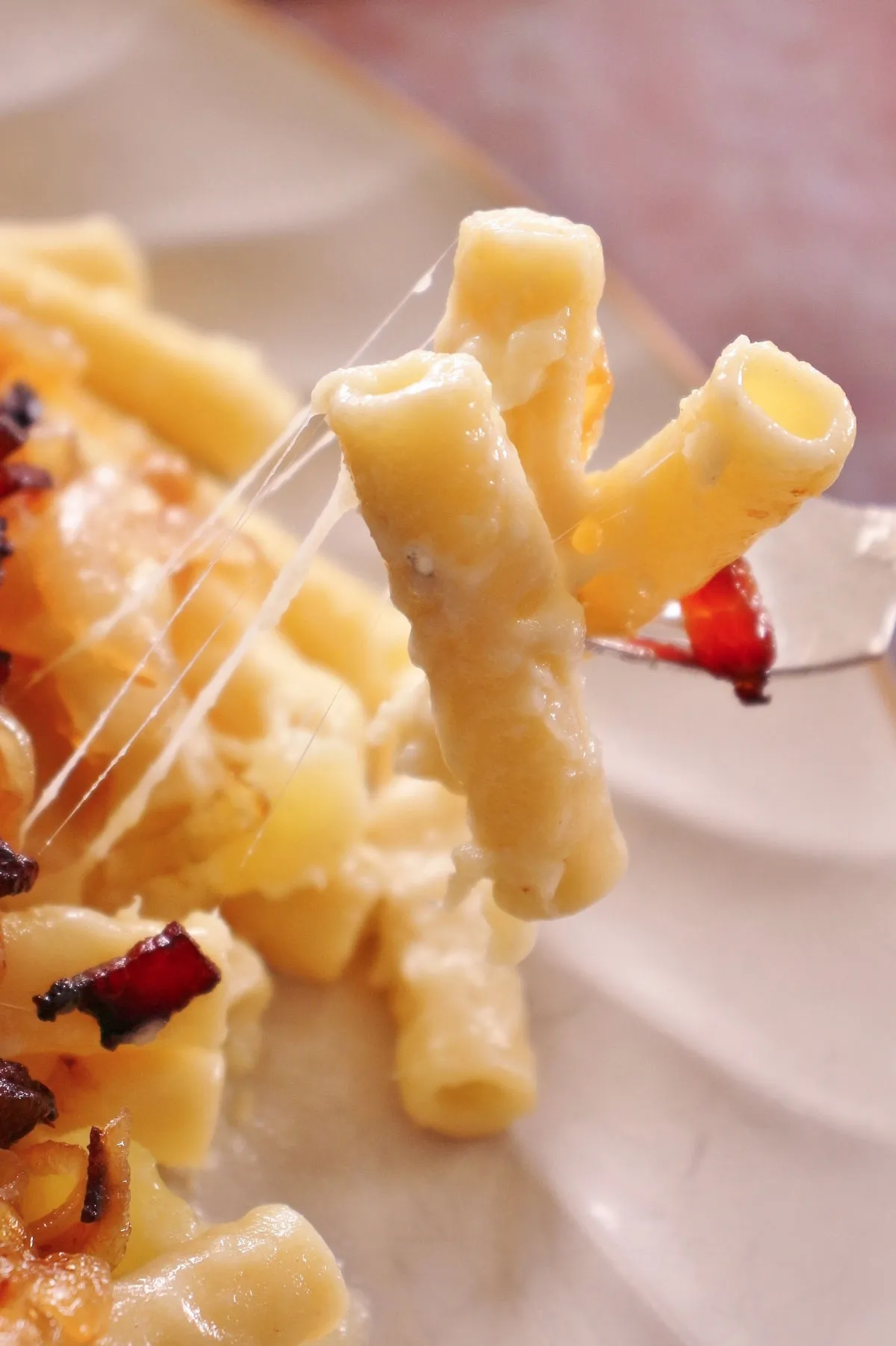 Gabel mit Ziti-Makkaroni, die geschmolzenen Käsefäden zieht, ein Detail der cremig-würzigen Älplermagronen