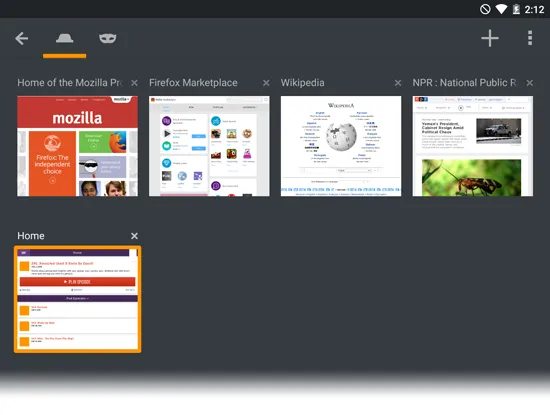 Galerieansicht der offenen Tabs in Firefox für Android Tablet, zur einfachen Navigation