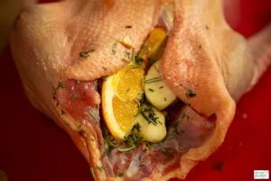 Gans mit Äpfeln und Orangen füllen für saftigen Braten