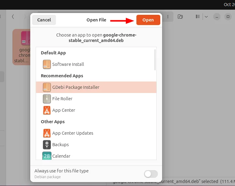 GDebi Paket-Installer zeigt Chrome Installationsdetails