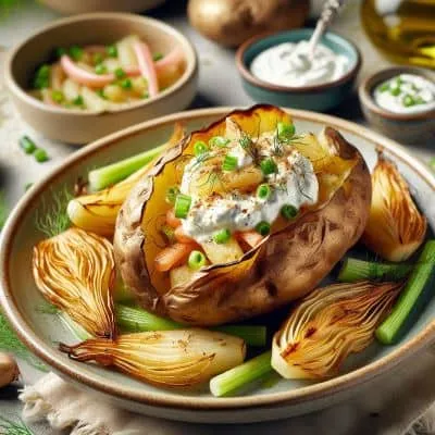 Gebackene Ofenkartoffel mit einem Klecks basischem Quark