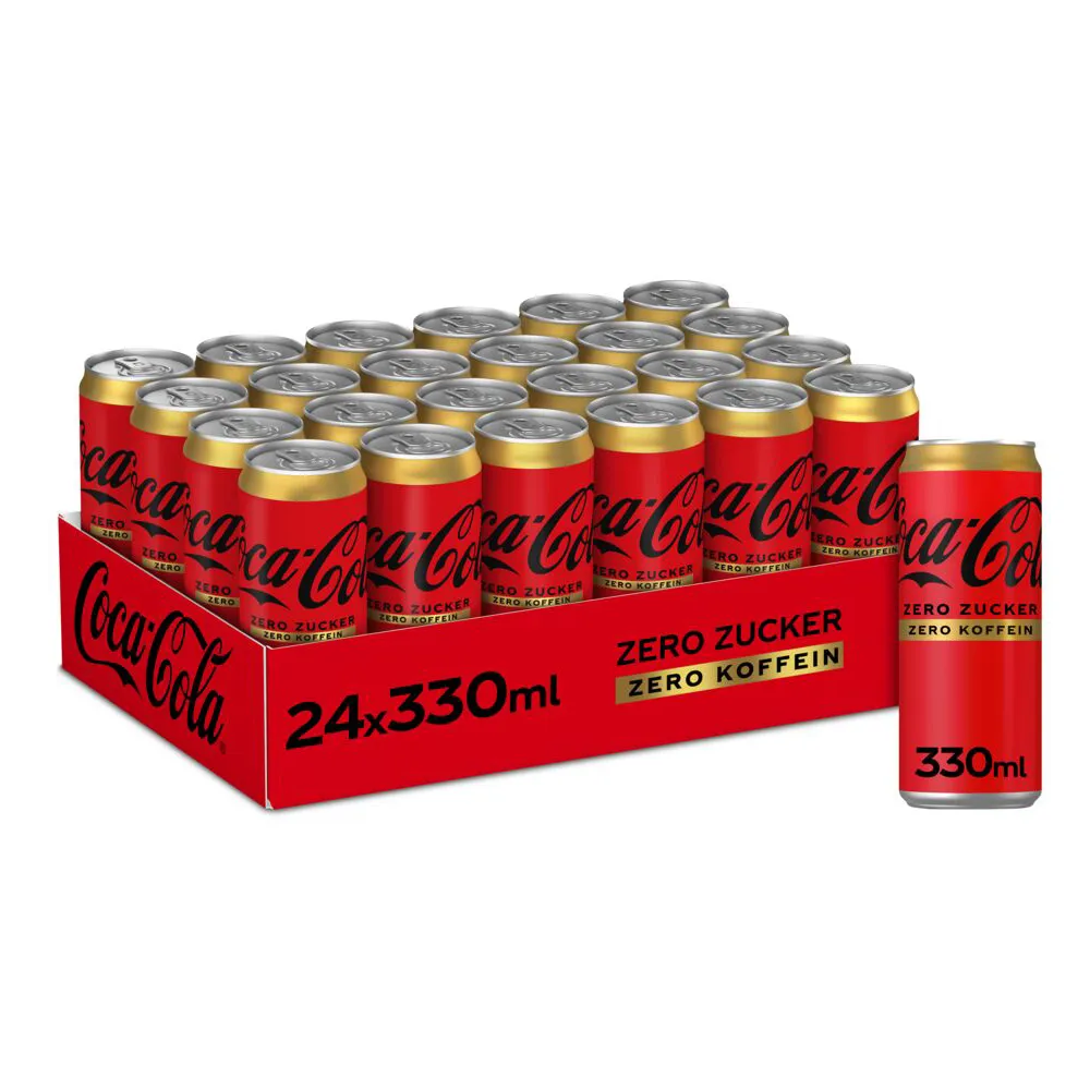 Gebinde mit 24 Dosen Coca-Cola Zero Koffeinfrei à 0,33 Liter, eine beliebte zucker- und koffeinfreie Erfrischung in der modernen deutschen Getränkelandschaft.