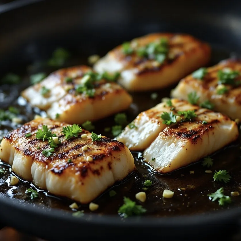 Gebratener Seeteufel in einer Grillpfanne mit Knoblauch und frischer Petersilie
