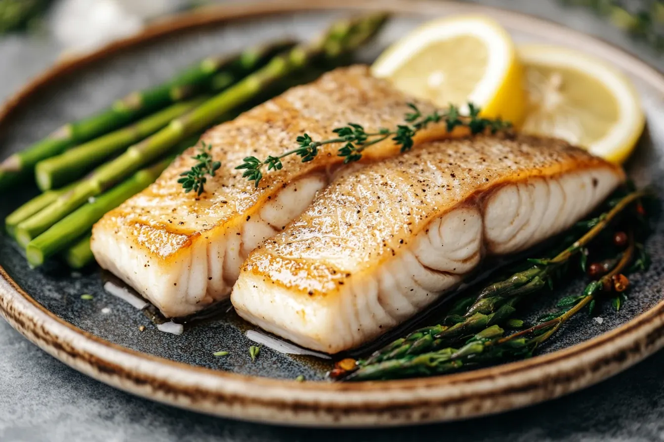 Gebratenes Zanderfilet mit grünem Spargel und Zitronenspalten, appetitlich angerichtet für ein leichtes deutsches Fischgericht.