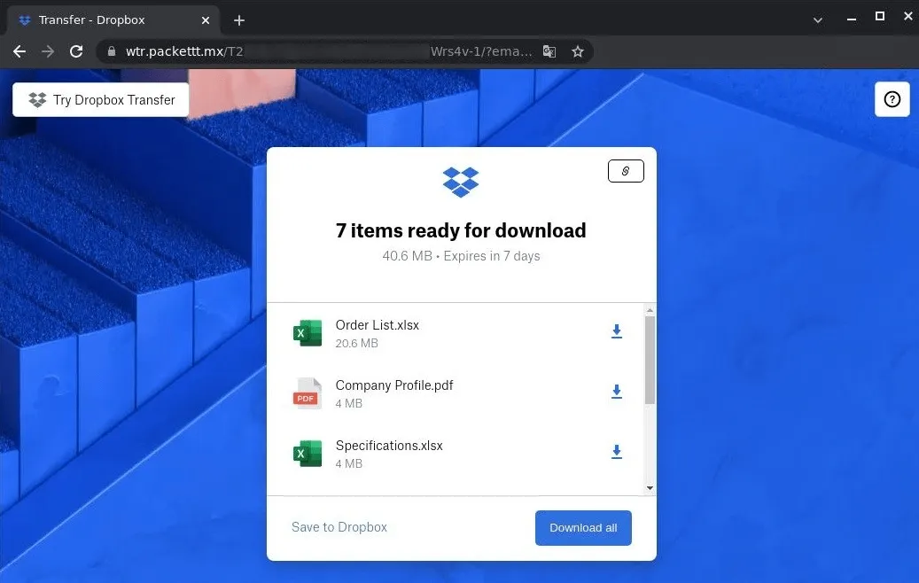 Gefälschte Dropbox-Seite, die den Nutzern vorgaukelt, eine Datei herunterladen zu können, um dann auf eine betrügerische Anmeldeseite weiterzuleiten und Zugangsdaten abzugreifen.