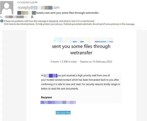 Gefälschte E-Mail, die den Dienst WeTransfer imitiert, um bösartige Anhänge zu verbreiten und Zugangsdaten zu stehlen.