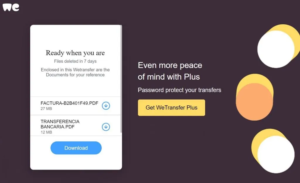 Gefälschte WeTransfer-Seite, erstellt mit einem Phishing-Kit, die eine Datei zum Download anbietet, um Nutzer zur Eingabe ihrer Anmeldeinformationen zu verleiten.
