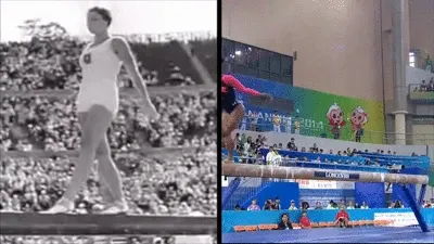 Gegenüberstellung einer einfachen Lauf- und Gleichgewichtsübung auf dem Schwebebalken in der Vergangenheit und einer komplexen, akrobatischen Serie heute.